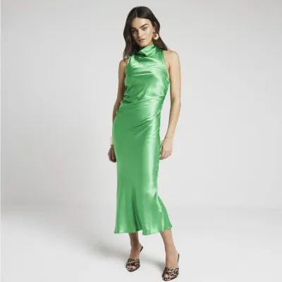 Green Satin Halter Cowl Neck Slip Midi Dress sold by River Island