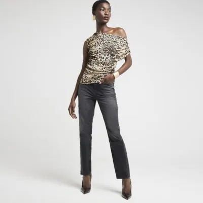 Beige leopard print drape off shoulder top sold by River Island