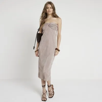 Beige plisse bandeau bodycon midi dress sold by River Island