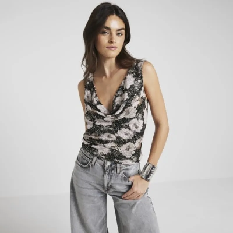 Black sequin floral cowl neck top sold by River Island