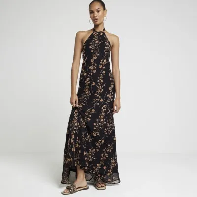 Black floral bodycon halter neck maxi dress sold by River Island