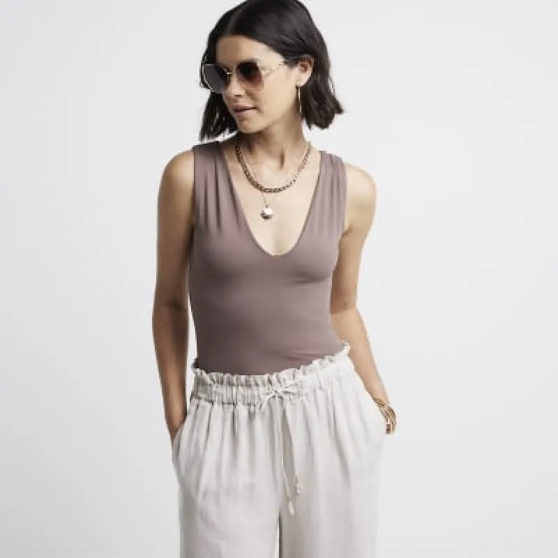 Brown V Neck Bodysuit sold by River Island