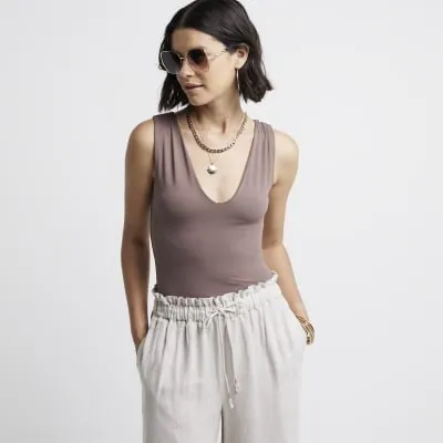 Brown V Neck Bodysuit sold by River Island