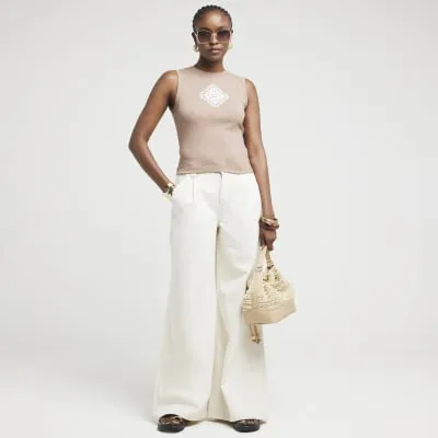 Brown Ribbed Crochet Detail Vest Top sold by River Island