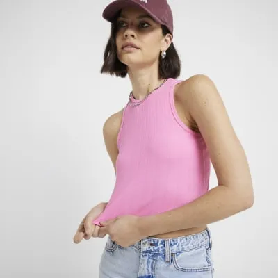 Pink wide ribbed crop vest top sold by River Island
