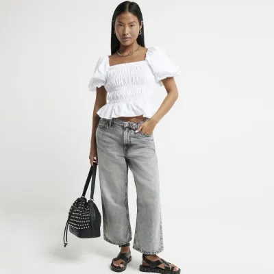 Petite Grey Relaxed Straight Fit Crop Jeans sold by River Island