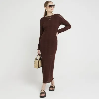 Brown Crochet Bodycon Maxi Dress sold by River Island