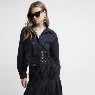 Black cropped broderie shirt sold by River Island