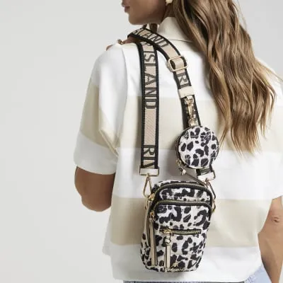 Beige leopard Quilted Phone Cross Body Bag sold by River Island