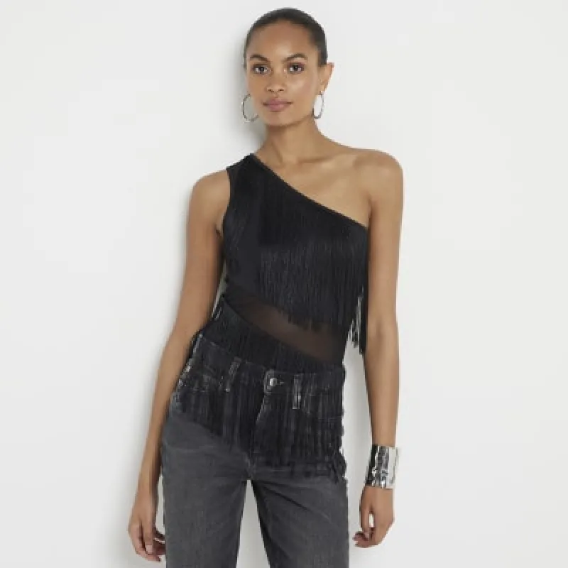 Black fringe bodysuit sold by River Island