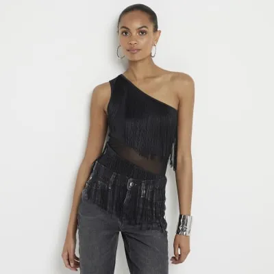 Black fringe bodysuit sold by River Island