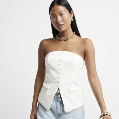 Petite Cream Buttoned Bandeau Top sold by River Island