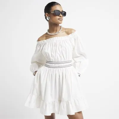 Cream ruched bardot swing mini dress sold by River Island