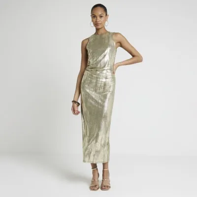 Gold foil bodycon midi dress sold by River Island
