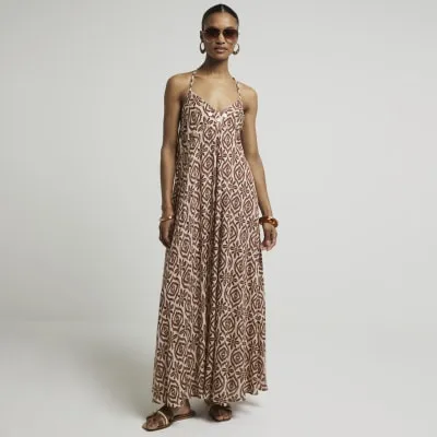 Brown embellished maxi slip dress sold by River Island