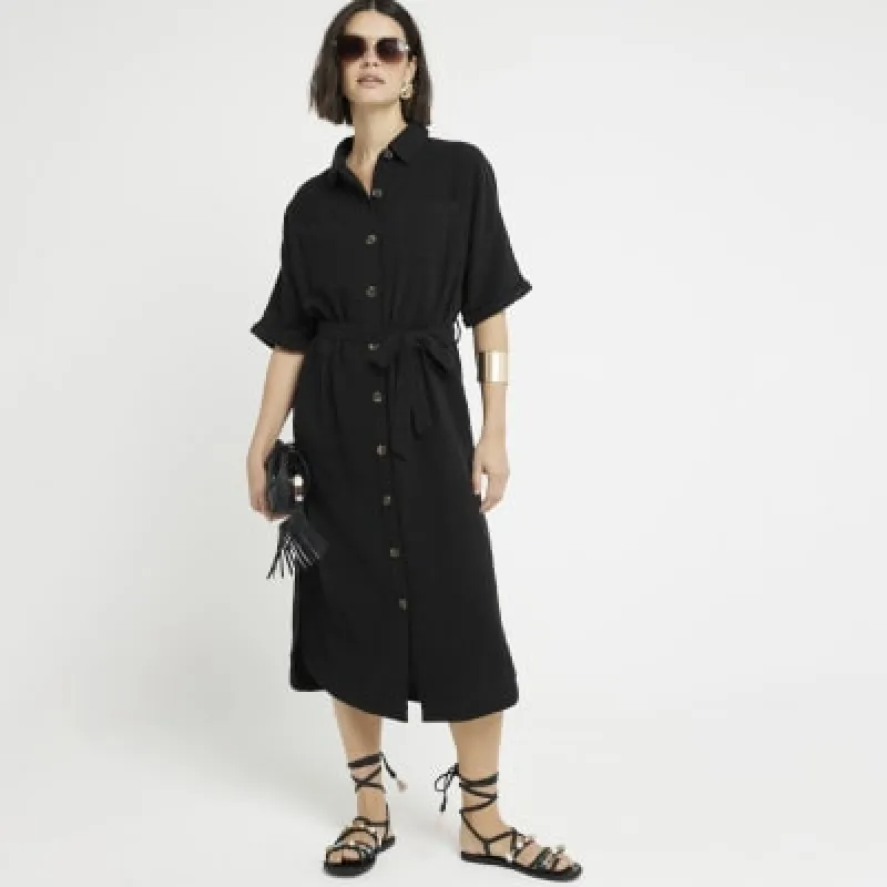 Black textured belted midi shirt dress sold by River Island