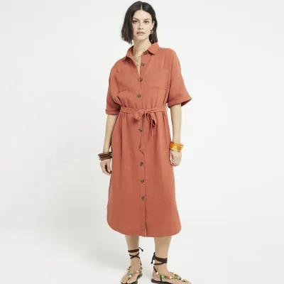Rust textured belted midi shirt dress sold by River Island