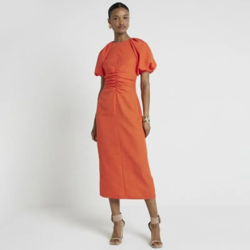 Coral puffed sleeves ruched midi dress sold by River Island