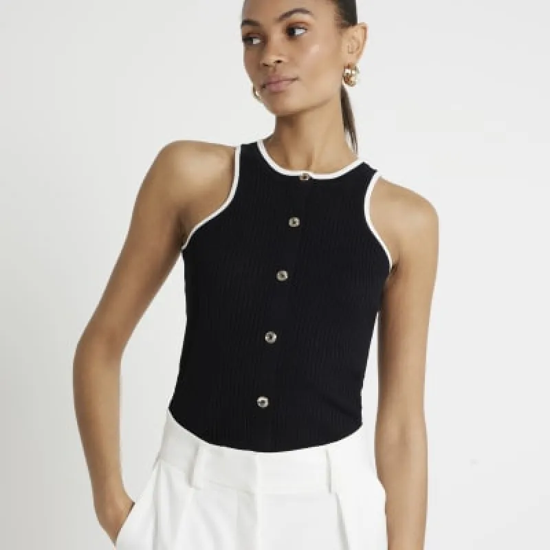 Black button through ribbed vest top sold by River Island
