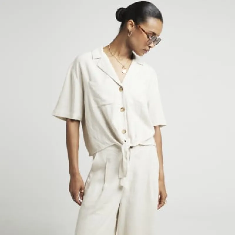 Beige linen blend tie front shirt sold by River Island
