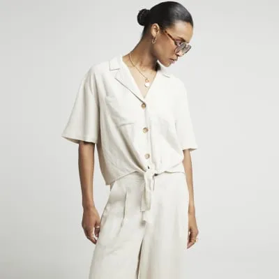 Beige linen blend tie front shirt sold by River Island