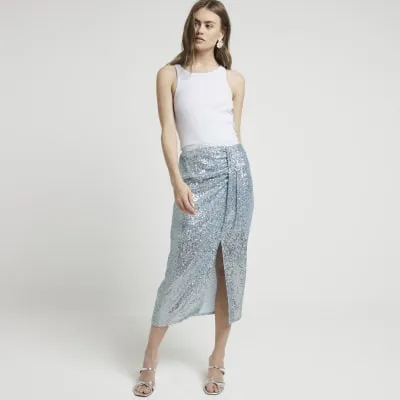 Blue sequin drape midi skirt sold by River Island