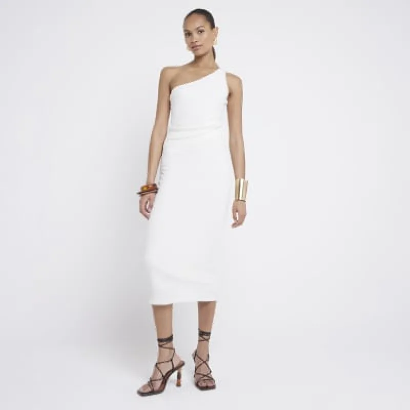 Cream textured asymmetric bodycon midi dress sold by River Island