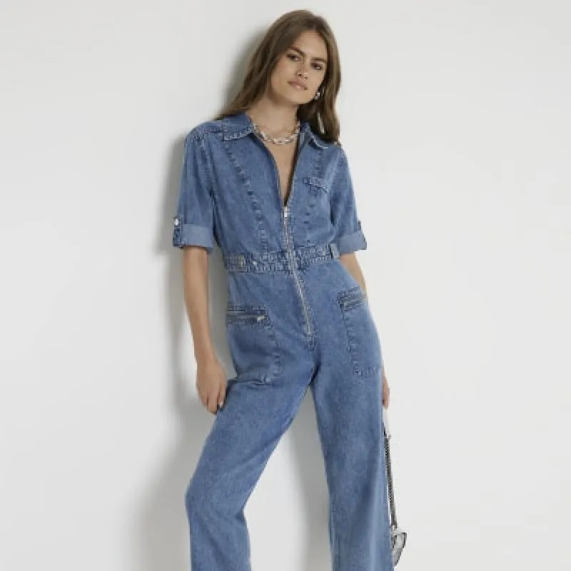 Blue Denim Zip Up Jumpsuit sold by River Island