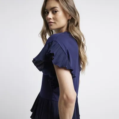 Navy Plisse Trim Frill T-Shirt sold by River Island