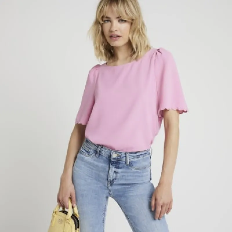 Pink Scallop Sleeve T-Shirt sold by River Island