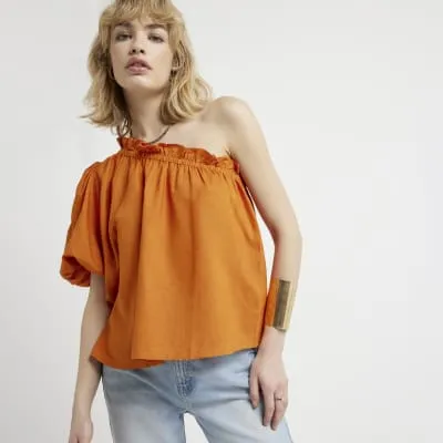 Rust Linen Blend One Shoulder Top sold by River Island