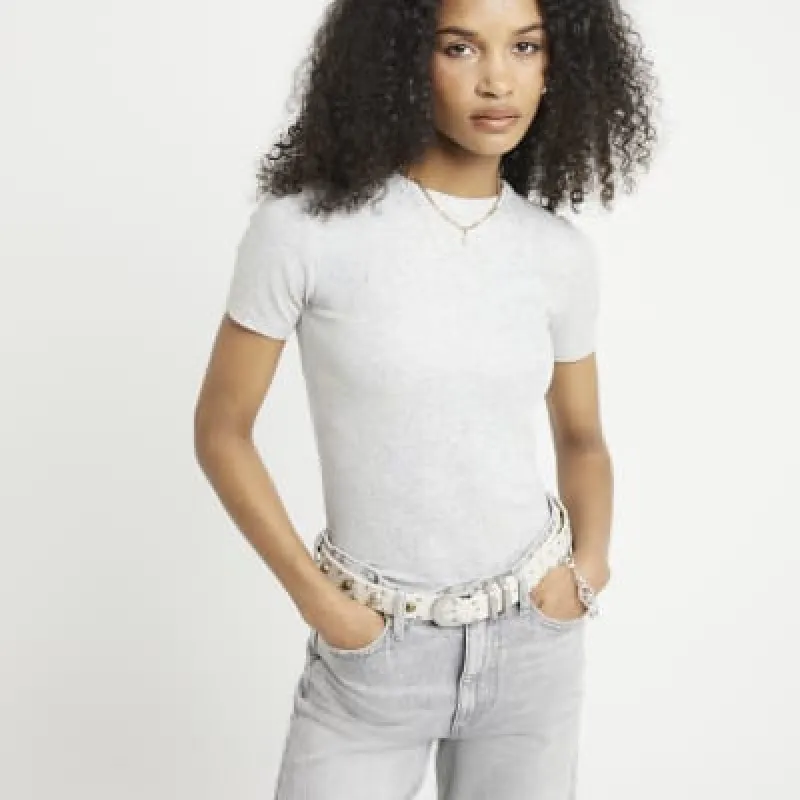 Grey ribbed metallic cropped t-shirt sold by River Island