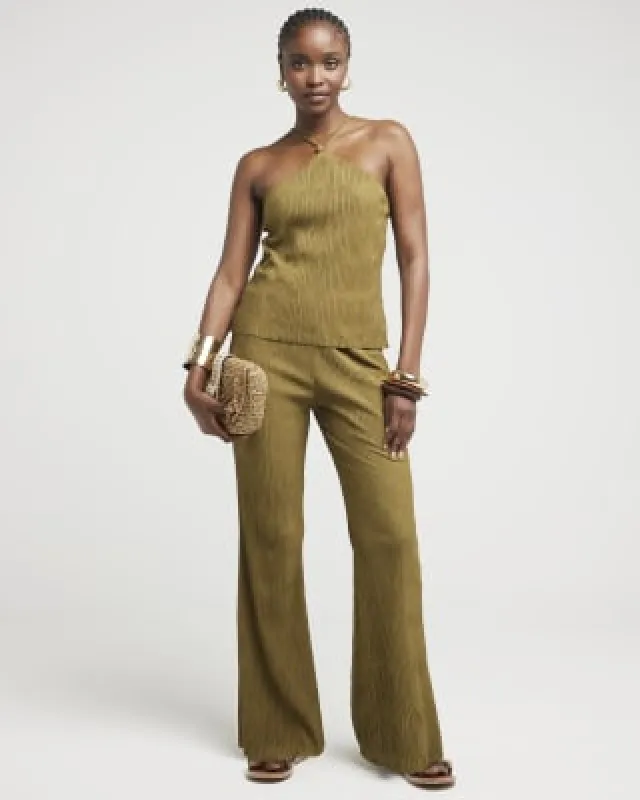 Khaki Wave Plisse Beaded Halter Neck Top sold by River Island