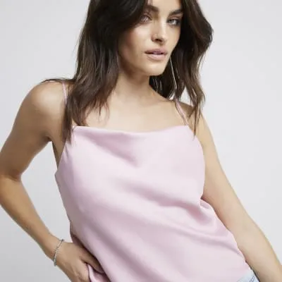Pink Satin Cowl Neck Cami Top sold by River Island