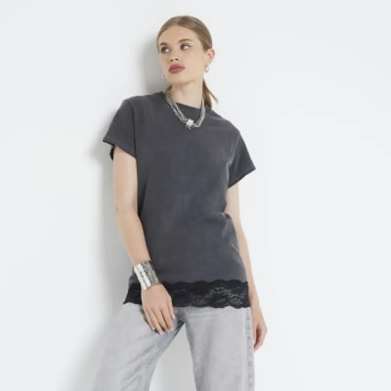 Grey washed lace hem t-shirt sold by River Island