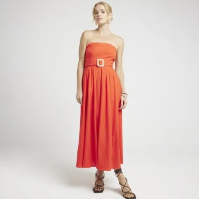 Red belted bandeau prom midi dress sold by River Island