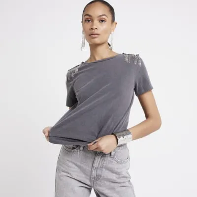 Black washed diamante embellished t-shirt sold by River Island