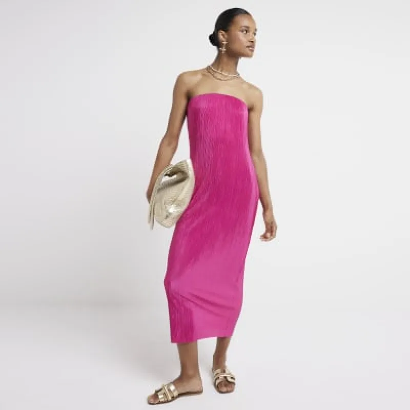 Pink Bandeau Plisse Cowl Back Midi Dress sold by River Island