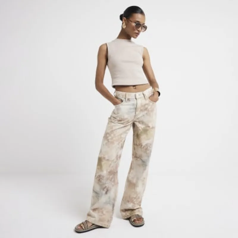 Stone high waisted tie dye wide leg jeans made by River Island