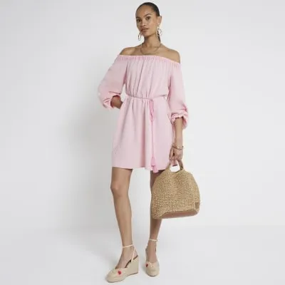 Pink textured belted bardot mini dress sold by River Island