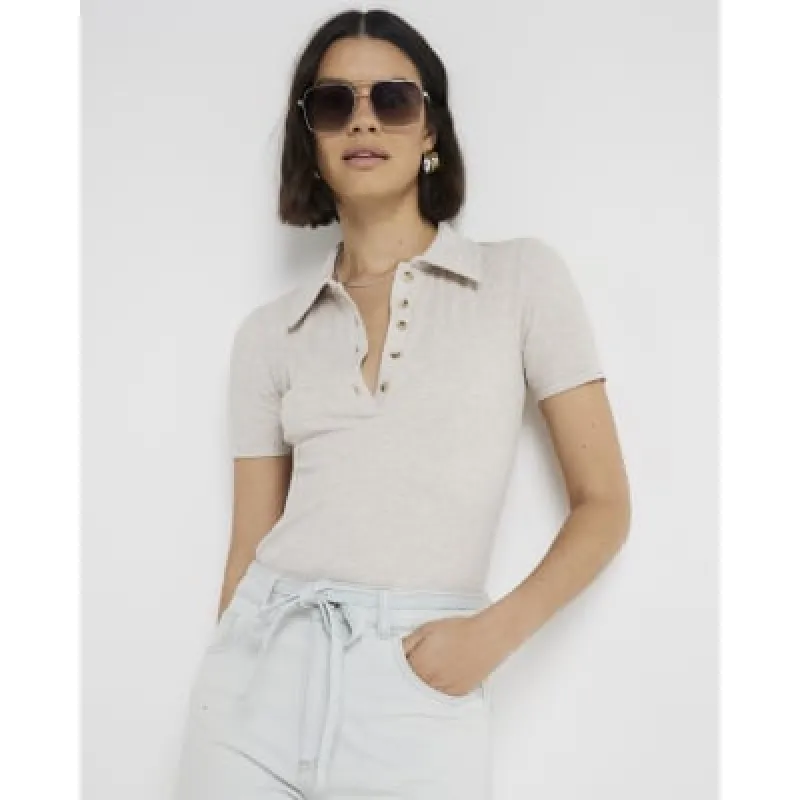 Beige collar ribbed bodysuit sold by River Island