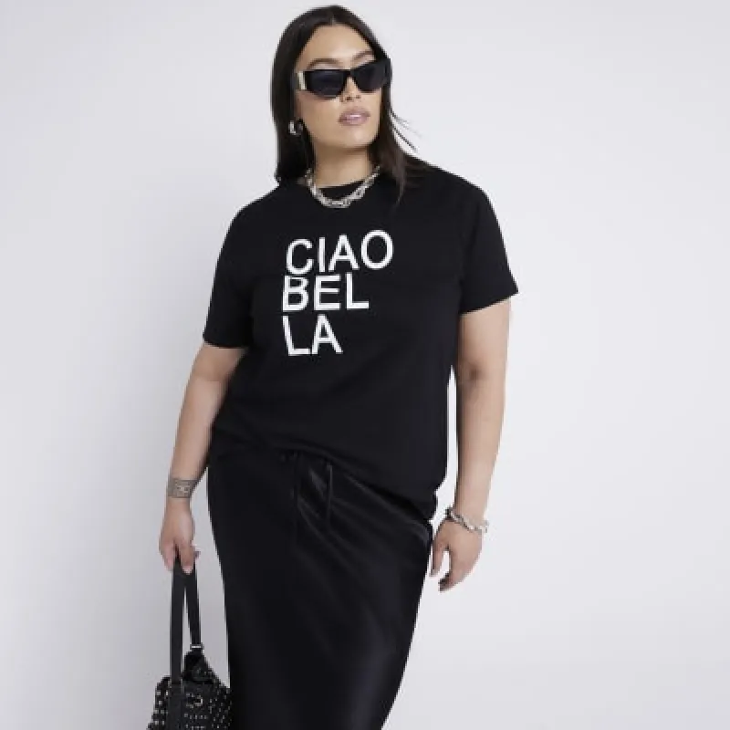Plus Black Graphic Ciao Bella T-Shirt sold by River Island