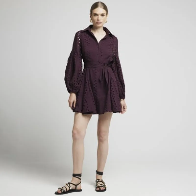 Red broderie belted mini shirt dress sold by River Island