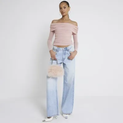 Pink Mesh Bardot Long Sleeve Top sold by River Island