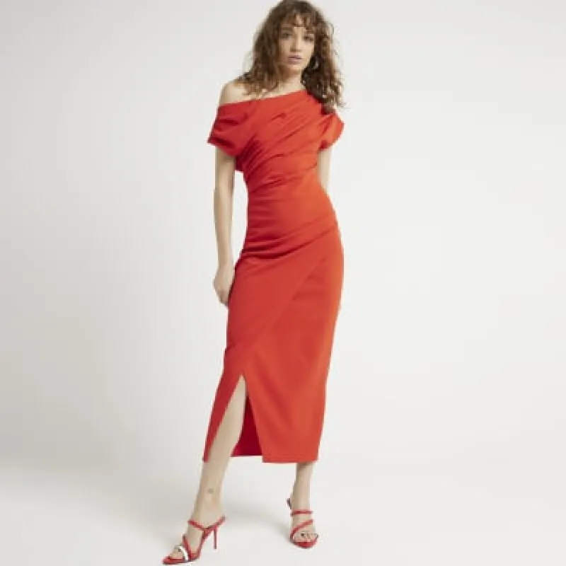 Red Drape Off Shoulder Bodycon Midi Dress sold by River Island