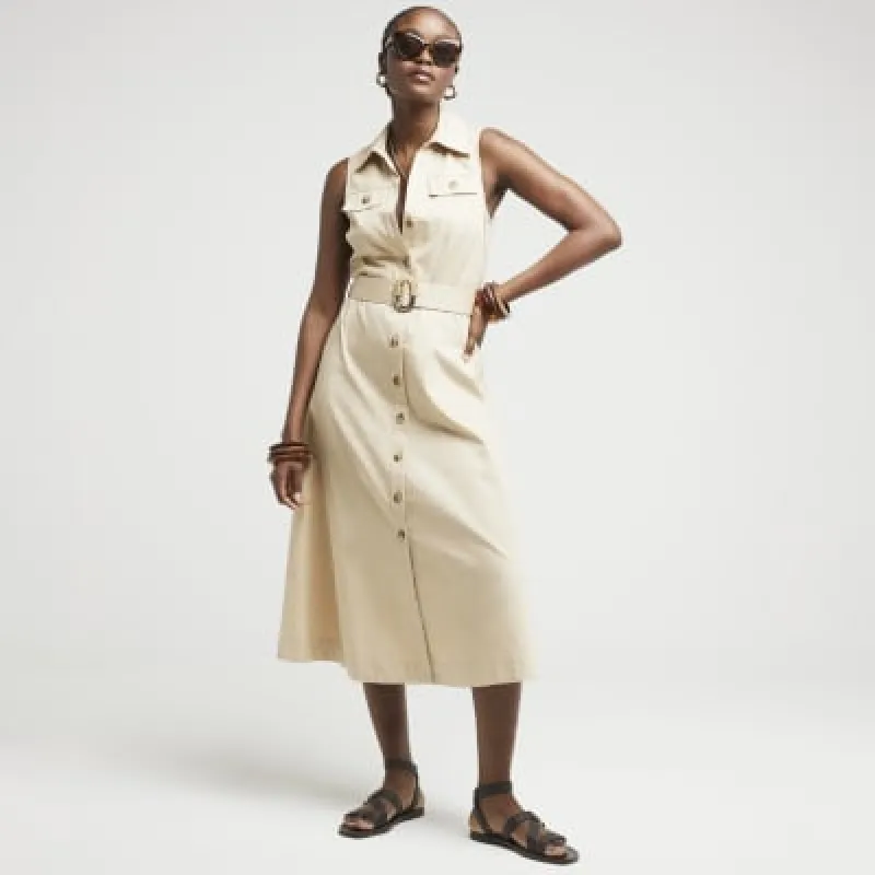 Beige Belted Sleeveless Midi Shirt Dress sold by River Island