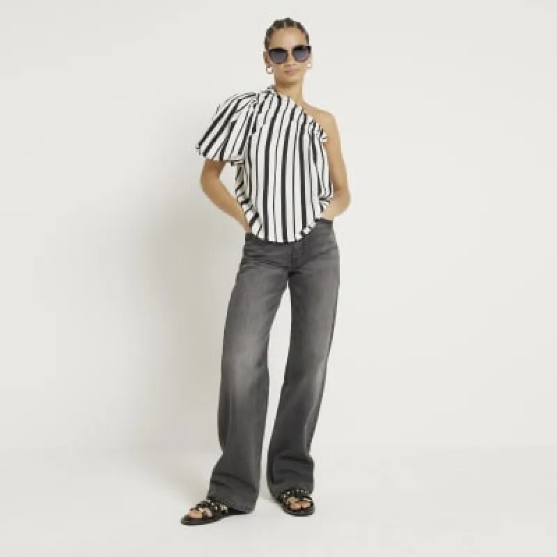 Black linen blend stripe one shoulder top sold by River Island