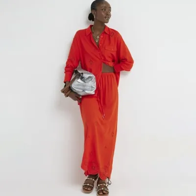 Red Linen Blend Broderie Maxi Skirt sold by River Island