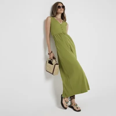 Green ribbed button up skater midi dress sold by River Island