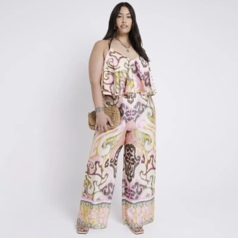 Plus Pink Satin Abstract Layered Jumpsuit sold by River Island